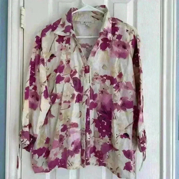 JM Collection Pink Floral 100% Linen Blouse size 18. - Picture 1 of 3